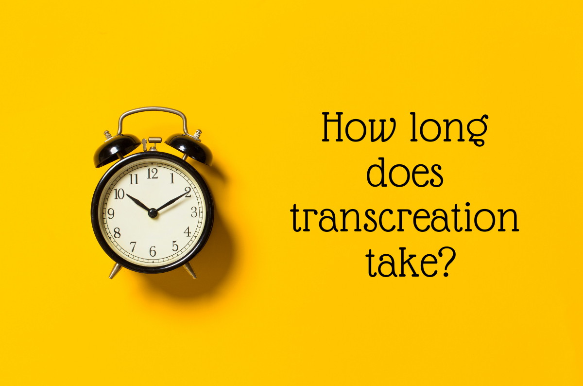 Alarm clock and text "how long does transcreation take?"